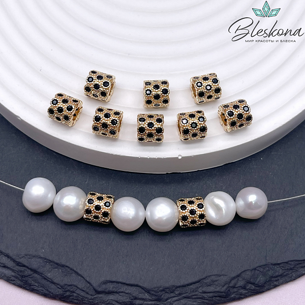 7*7,5 мм Цвет золото, Бусина цилиндр черные цирконы