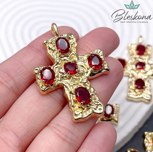 41,5*28 мм Цвет золото, Подвеска Крест красные цирконы