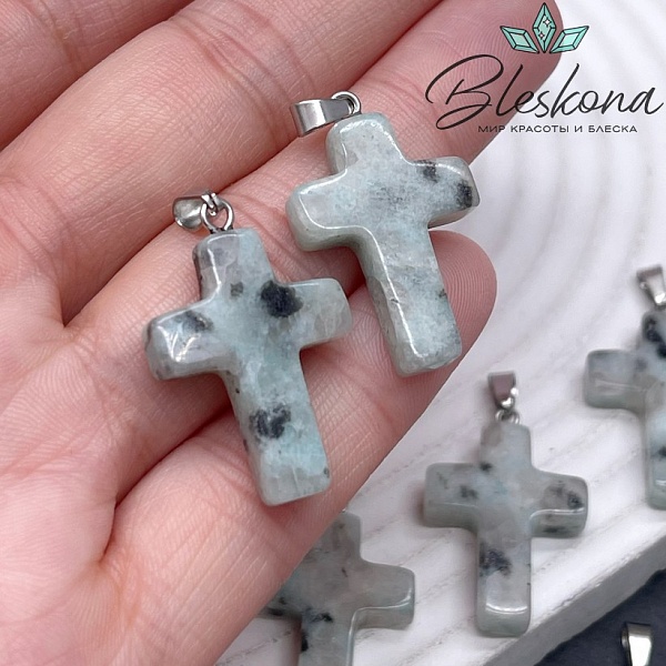 Подвеска крест Яшма киви голубая, цвет серебро 28*18 мм