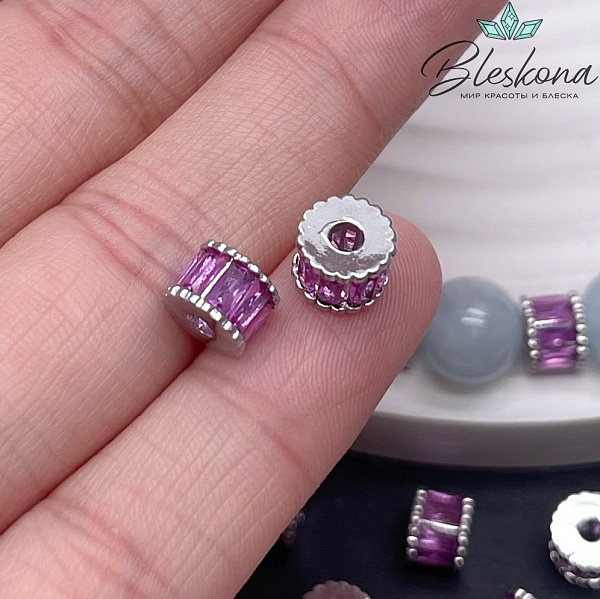 7*5 мм Цвет серебро, Бусина - разделитель малиновый циркон