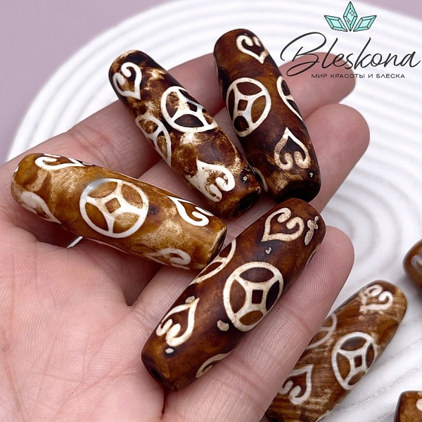 Бусина Дзи 3 монеты и 6 сердец коричневый матовый бочонок 40*13 мм