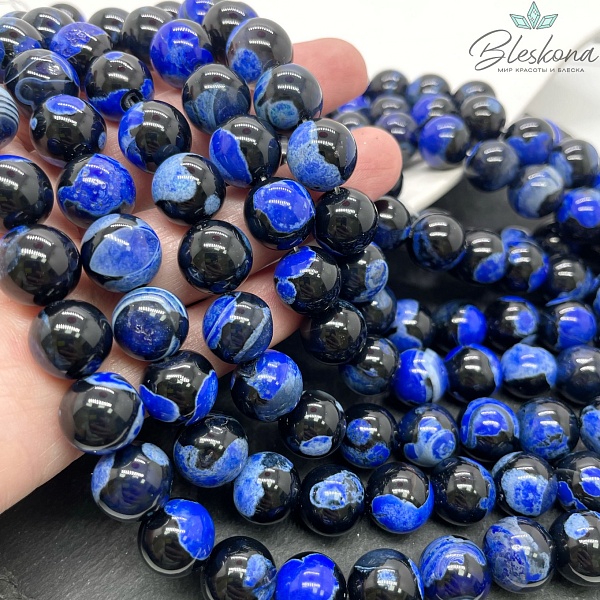 Агат черный синие разводы (имитация) 12 мм