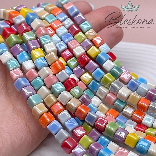 6 мм Бусина куб, керамика цвет микс