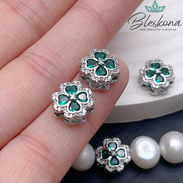 10,3 мм Цвет серебро, Бусина Клевер зеленые цирконы