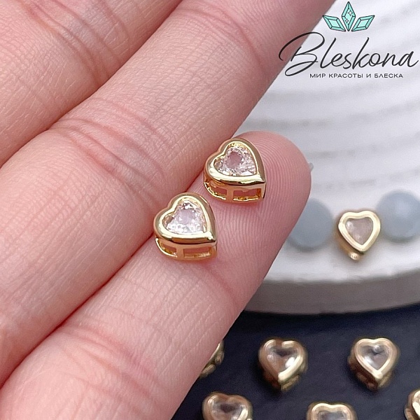 7*6,5 мм Цвет золото, Бусина сердце белый циркон