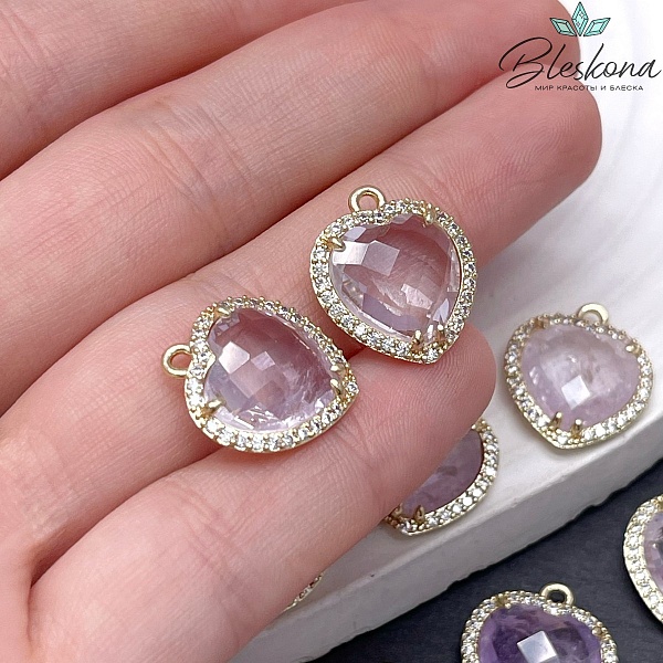 16*18мм ,цвет золото, Подвеска Сердце в обрамлении Лавандовый Аметист огранка цирконы