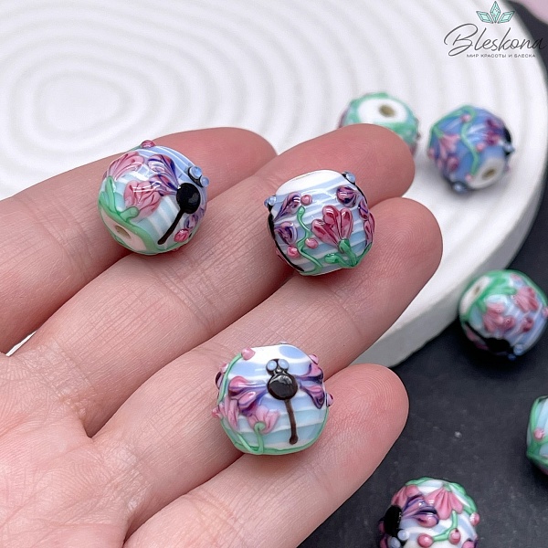 14*16 мм Бусина белый шар Стрекоза