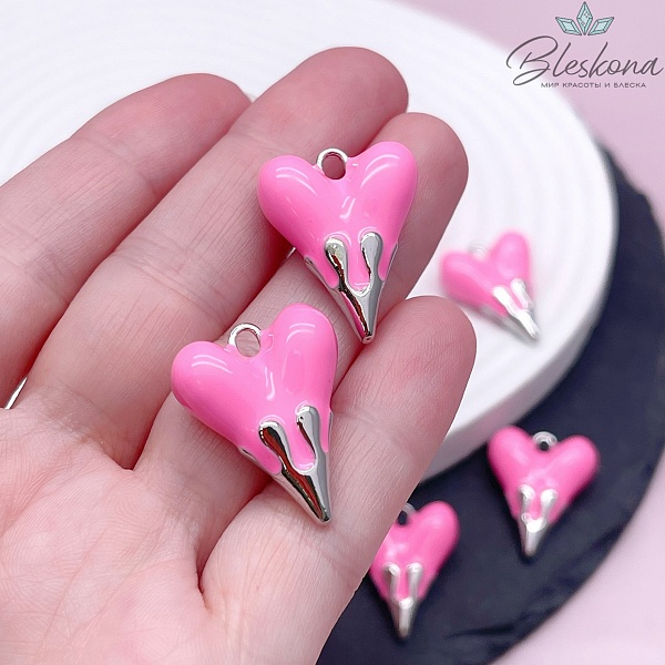 19,5*24,5 мм Цвет серебро, Подвеска Сердце розовая эмаль 