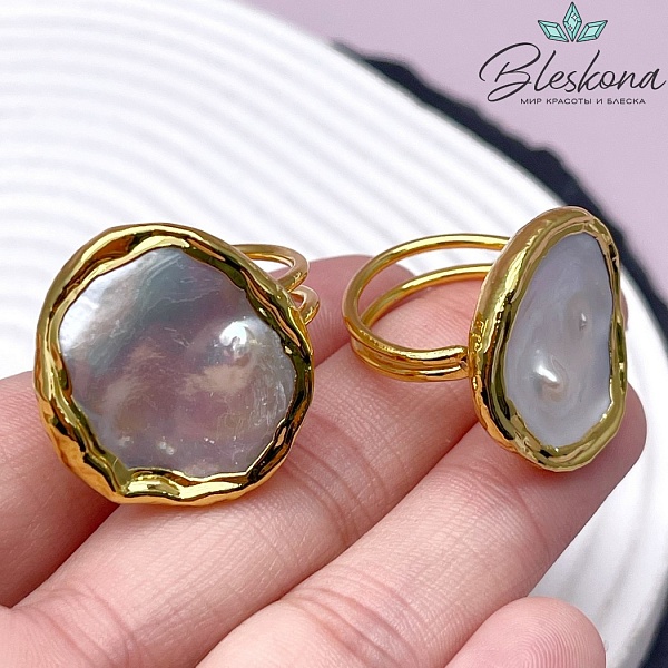 23,5 мм Цвет золото, Кольцо безразмерное Жемчуг круг фриформ №1