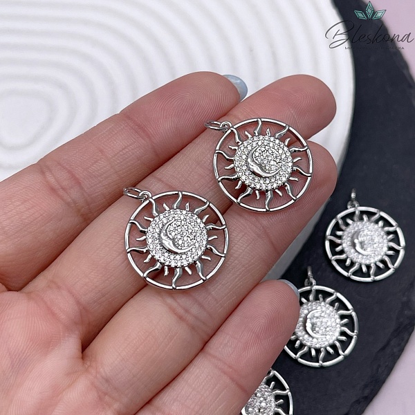 22*20 мм Цвет серебро, Подвеска солнце и луна цирконы