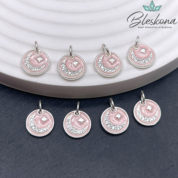 10 мм Цвет серебро, Подвеска круг полумесяц  цирконы, розовая эмаль