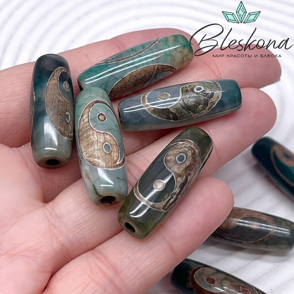 Бусина Дзи Инь-Янь зелено-коричневый бочонок 30*11 мм