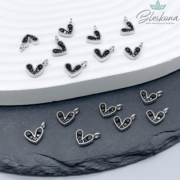 8*9,5 мм Цвет серебро, Подвеска сердце черные цирконы