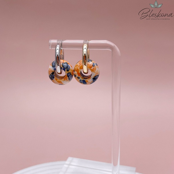 Бублик Агат белый сине- оранжевые узоры (имитация) 15 мм