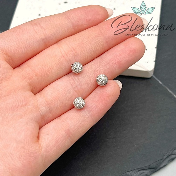 6 мм Цвет серебро, Бусина с белыми цирконами