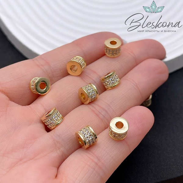 7*5,6 мм Цвет золото, Бусина Цилиндр с цирконами