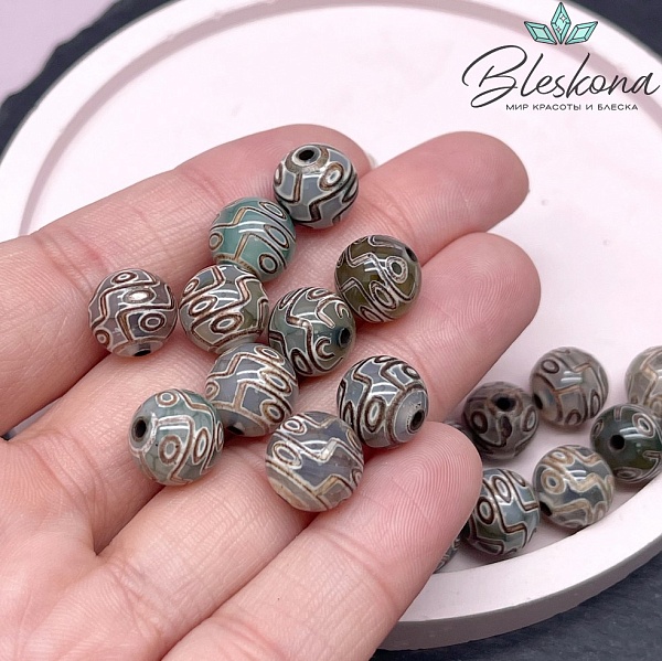 Бусина Дзи 9 глаз зелено-коричневый шар 10 мм уп.10 шт.