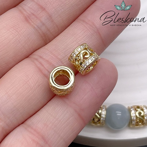 12*13 мм Цвет золото, Бусина цилиндр узоры цирконы