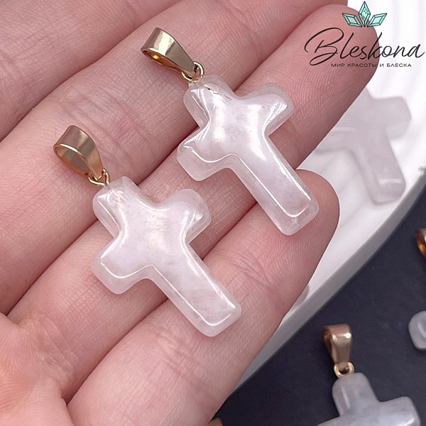 Подвеска крест Розовый кварц, цвет золото 26*18 мм