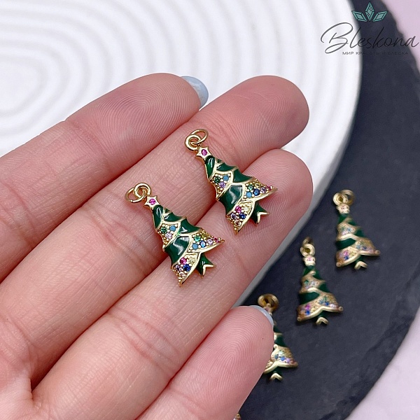 20*10 мм, Цвет золото, Подвеска Елка цирконы зеленая эмаль