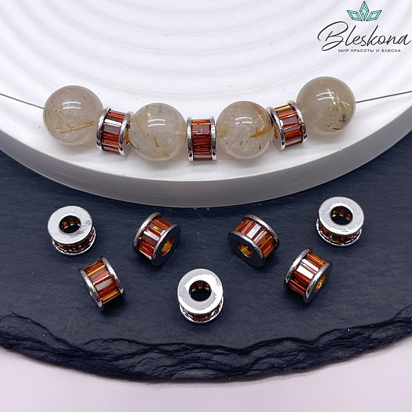 8*5 мм Цвет серебро, Бусина - разделитель оранжевый циркон