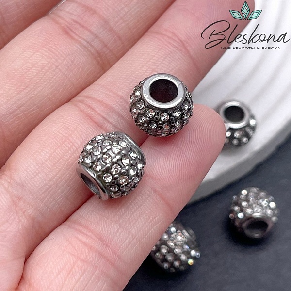 Бусина -разделитель сталь цирконы,  цвет серебро 10*10,6мм
