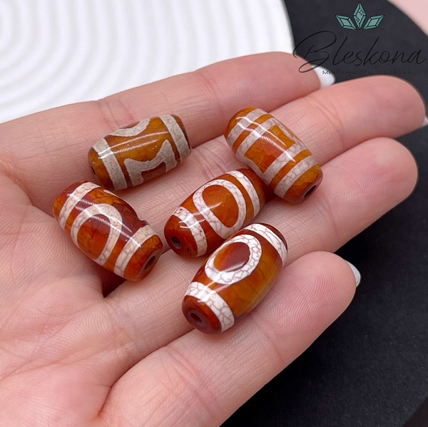 Бусина Дзи Небо, Земля бело-коричневый бочонок  20*11 мм