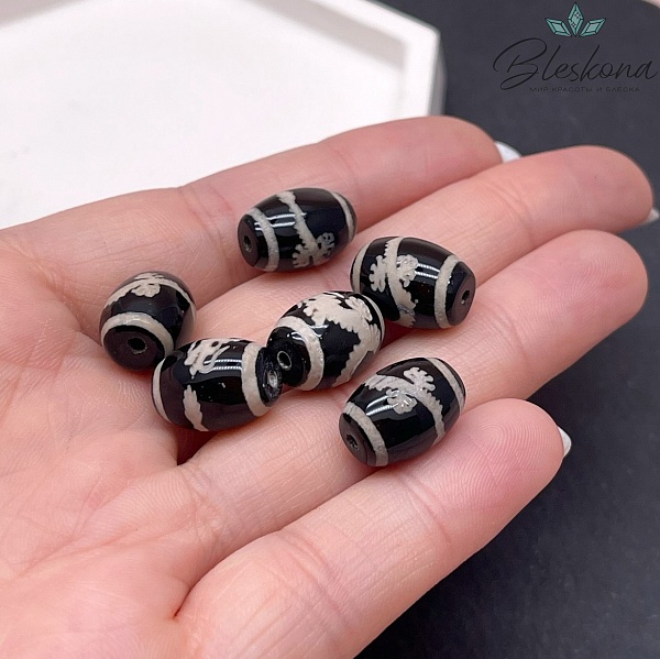 Бусина Дзи Дракон черно-белый бочонок 10*14 мм