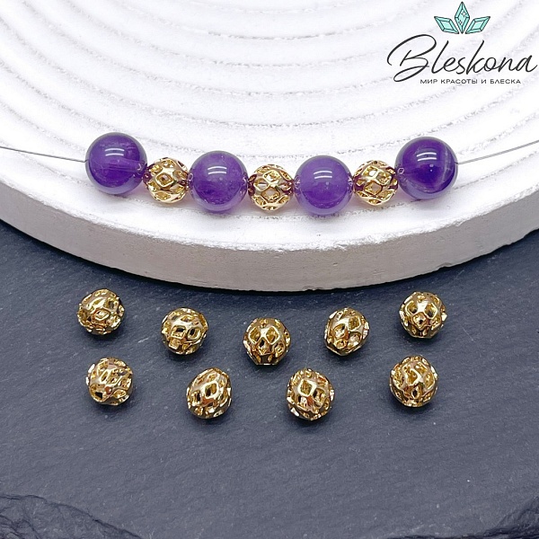 6 мм Цвет золото, Бусина Шар ромб Люкс