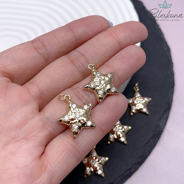 19,7*18 мм Цвет золото, Подвеска звезда мятая с цирконами
