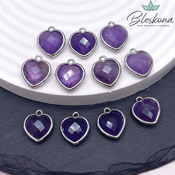 13*15мм,Цвет серебро,Подвеска Сердце  Аметист огранка