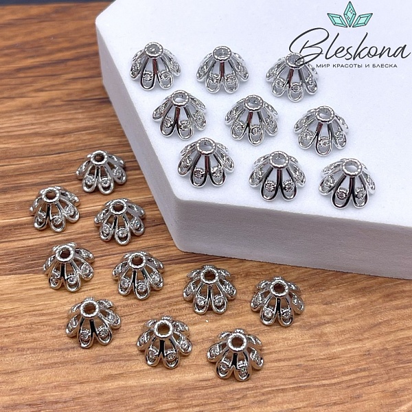 9,5 мм Цвет серебро, Шапочка цветок с цирконами 