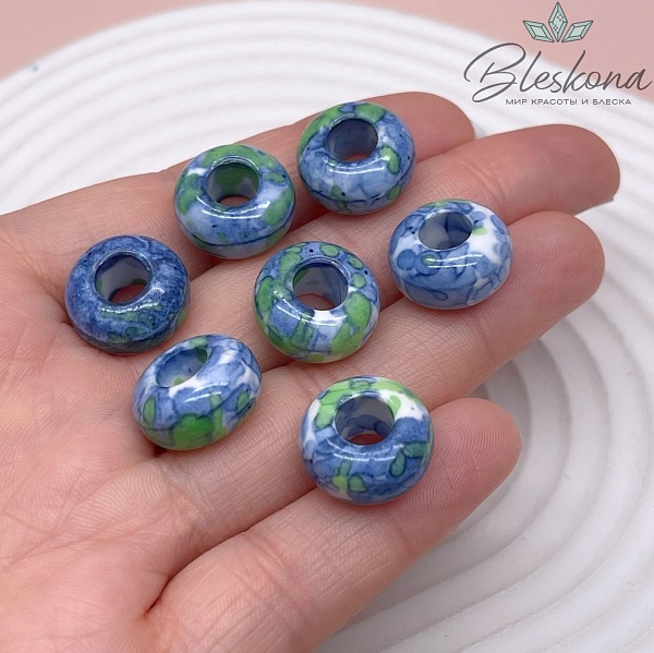 Бублик Агат белый сине- зеленые узоры (имитация) 15 мм