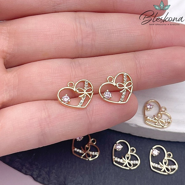 12*13,5мм Цвет золото, Подвеска сердце бантик цирконы 