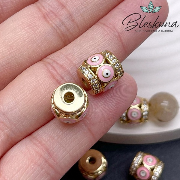 10,5*11 мм Цвет золото, Бусина бочонок глаза цирконы розовая эмаль