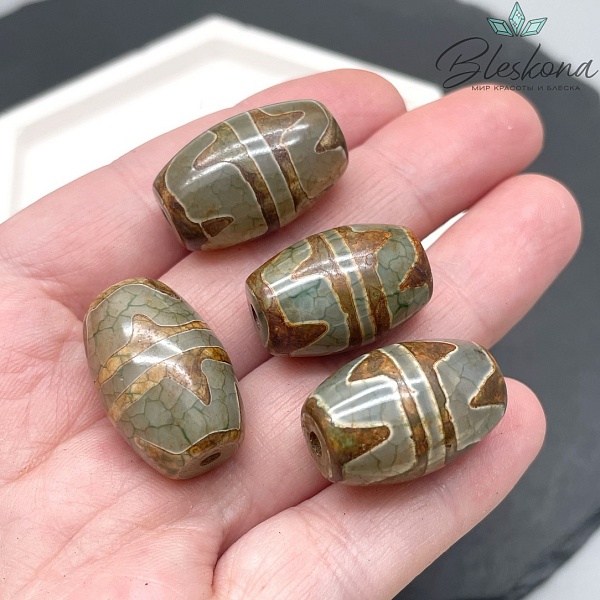 Бусина Дзи 2-й тигриный клык зелено-коричневый бочонок 23*14 мм