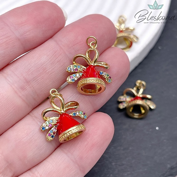 18*17 мм Цвет золото, Подвеска Новогодний колокольчик красная эмаль