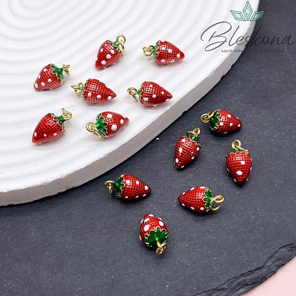16*9 мм, цвет золото, Подвеска клубничка эмаль