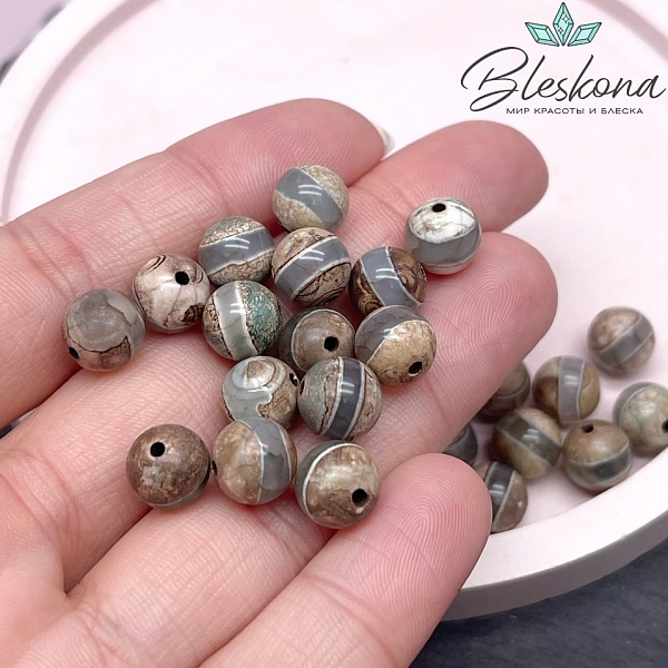 Бусина Дзи Медицина серо-зеленый шар 8 мм уп.15 шт.