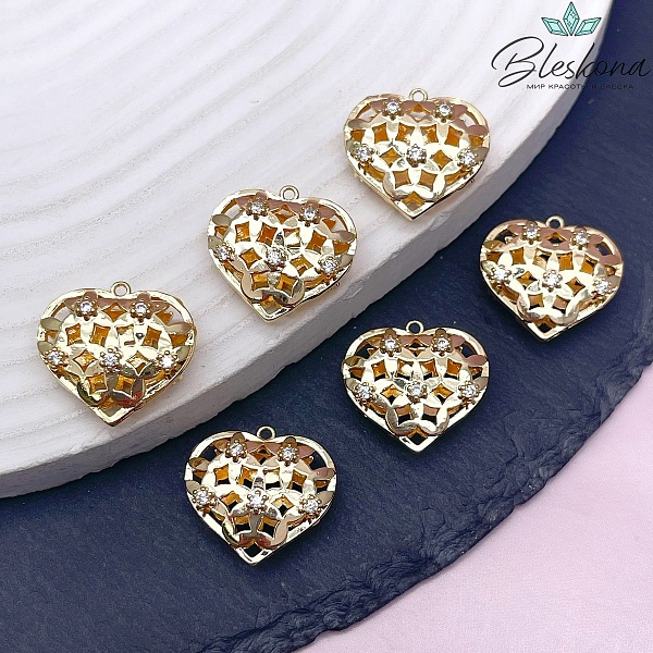 19,5*19мм Цвет золото, Подвеска сердце цветы цирконы