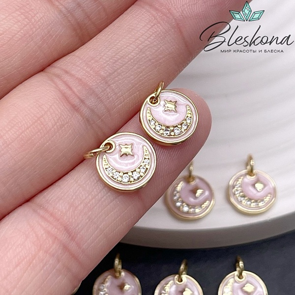 10 мм Цвет золото, Подвеска круг полумесяц  цирконы, розовая эмаль