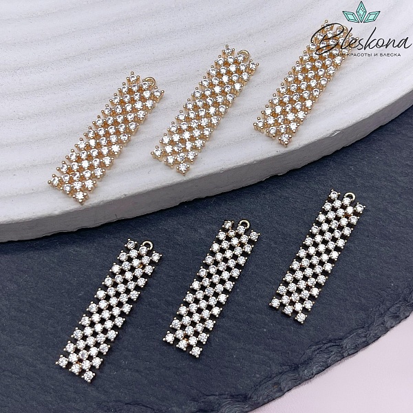 7*26мм Подвеска прямоугольник мозаика цирконы, цвет золото 