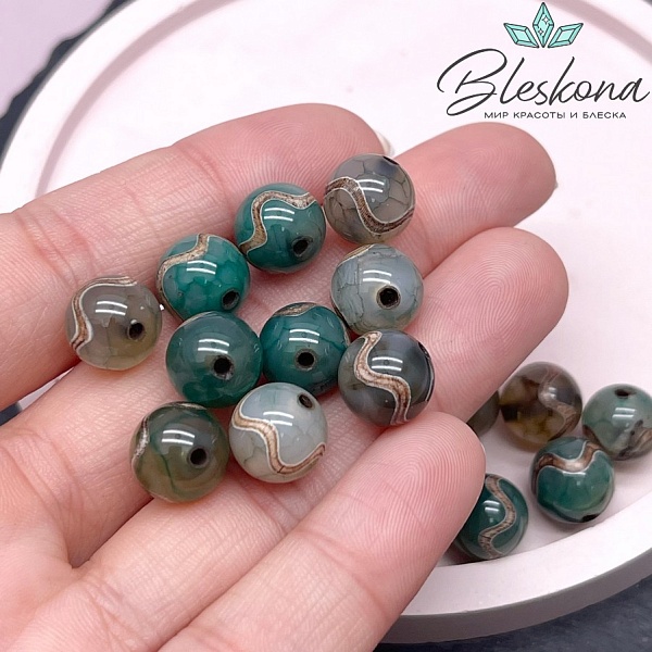 Бусина Дзи Волна зелено-коричневый шар №1 10 мм уп.10шт.