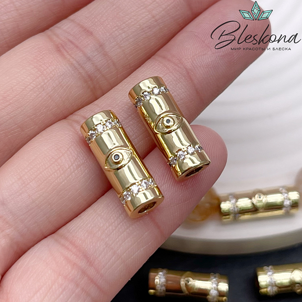18*7 мм Цвет золото, Бусина цилиндр глаза цирконы 