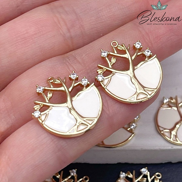 20мм,Цвет золото,Подвеска Дерево с цирконами белая эмаль 