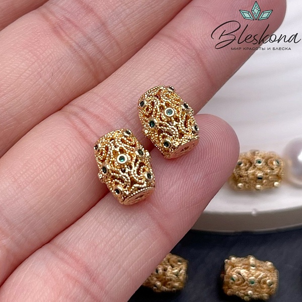 10,6*8,3 мм Цвет золото, Бусина цилиндр зеленые цирконы