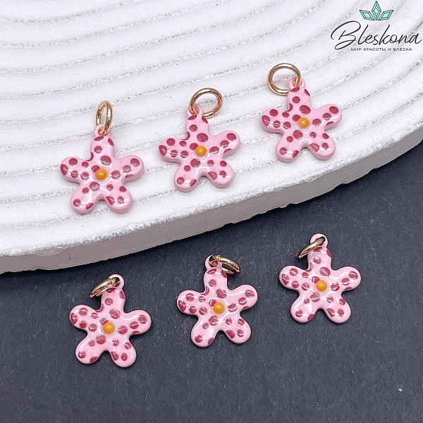 16*13,5 мм, Цвет золото, Подвеска Цветок розовая эмаль