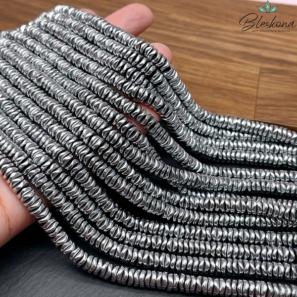 6 мм Гематин имитация, цвет темное серебро, диски волна