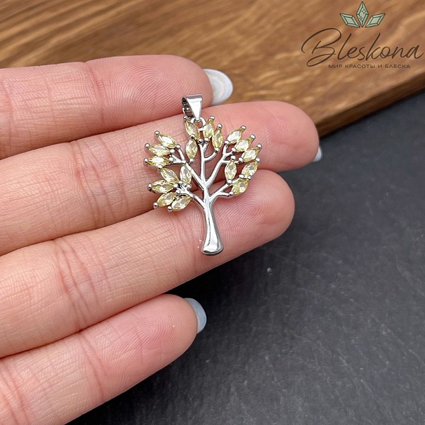 26*22 мм Цвет серебро, Подвеска дерево счастья желтые цирконы