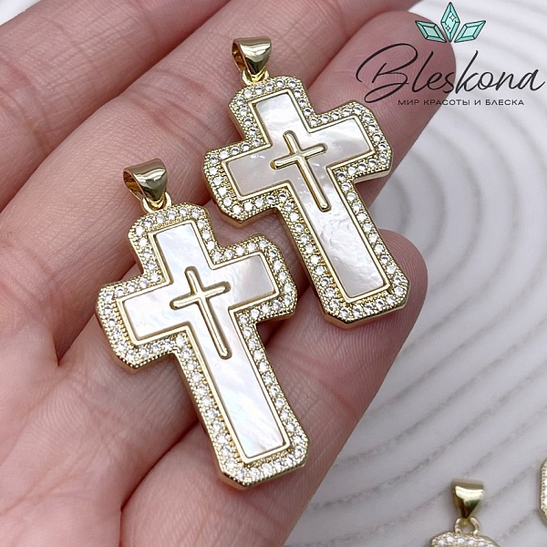34*21,5 мм Цвет золото, Подвеска Крест с перламутром и цирконами